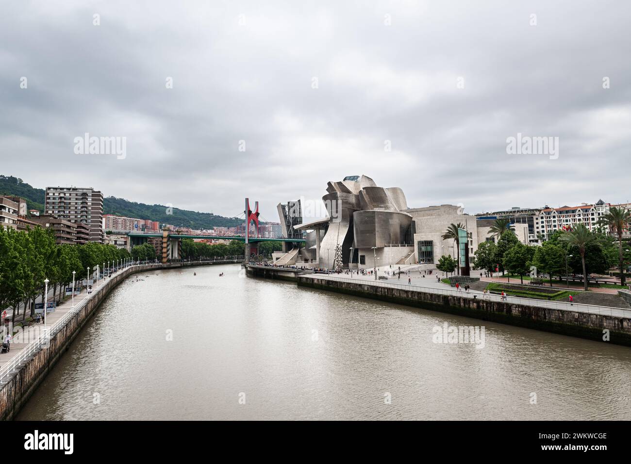 BILBAO, ESPAÑA - 14 DE JUNIO de 2023: Vista panorámica del Museo Guggenheim y el puente de La Salve en la orilla del río Nervión en Bilbao, España. Foto de stock