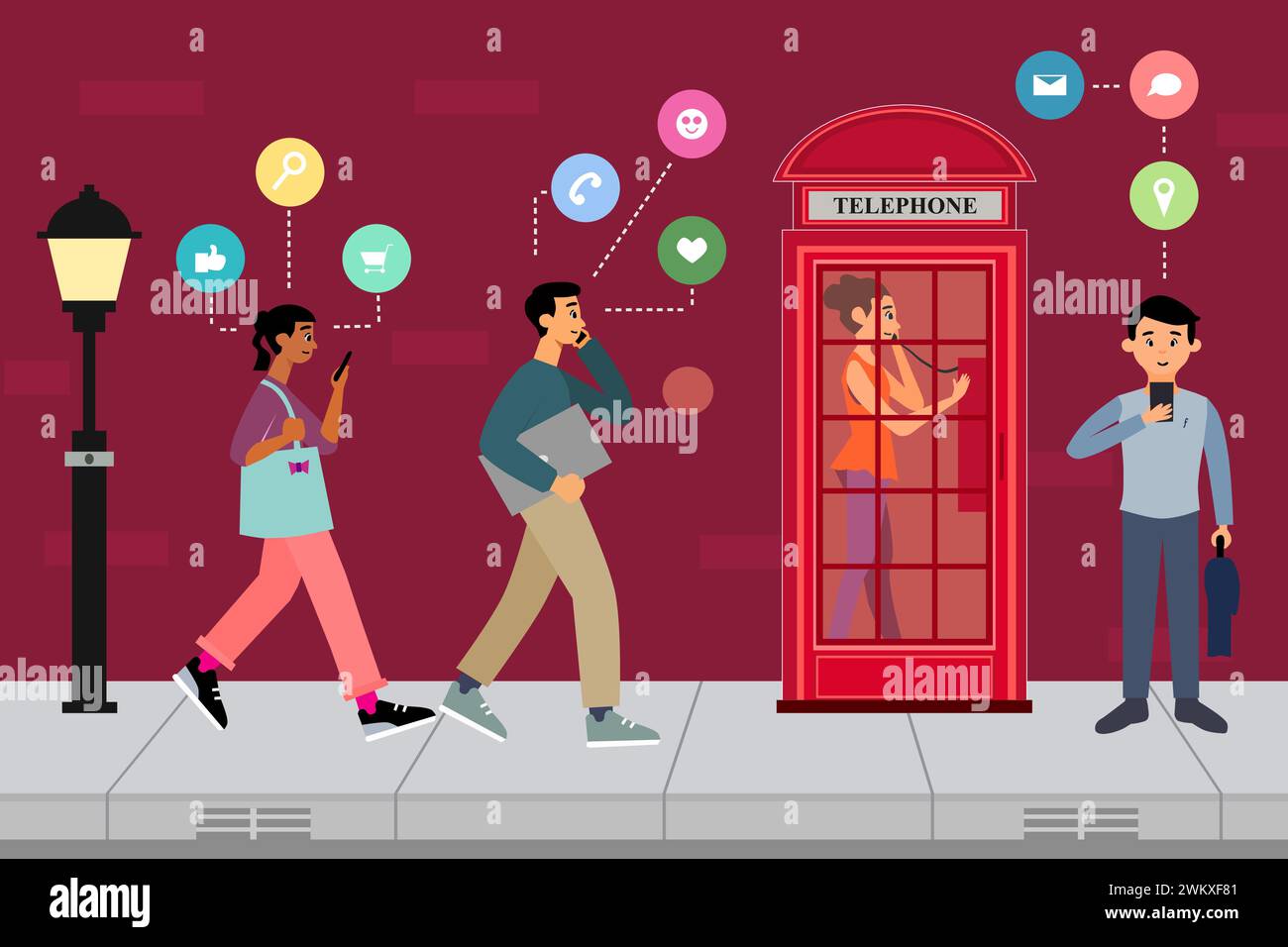 Gente ocupada caminando y usando un smartphone con el icono de las redes sociales. Una mujer usando un teléfono público en la caja roja. Ilustración vectorial de dibujos animados Ilustración del Vector