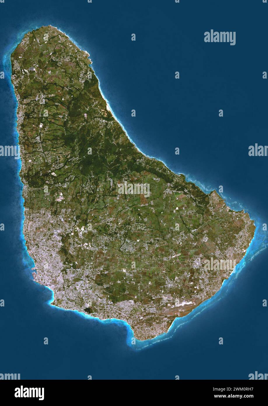 Imagen satelital en color de Barbados, una isla en las Indias Occidentales. Foto de stock