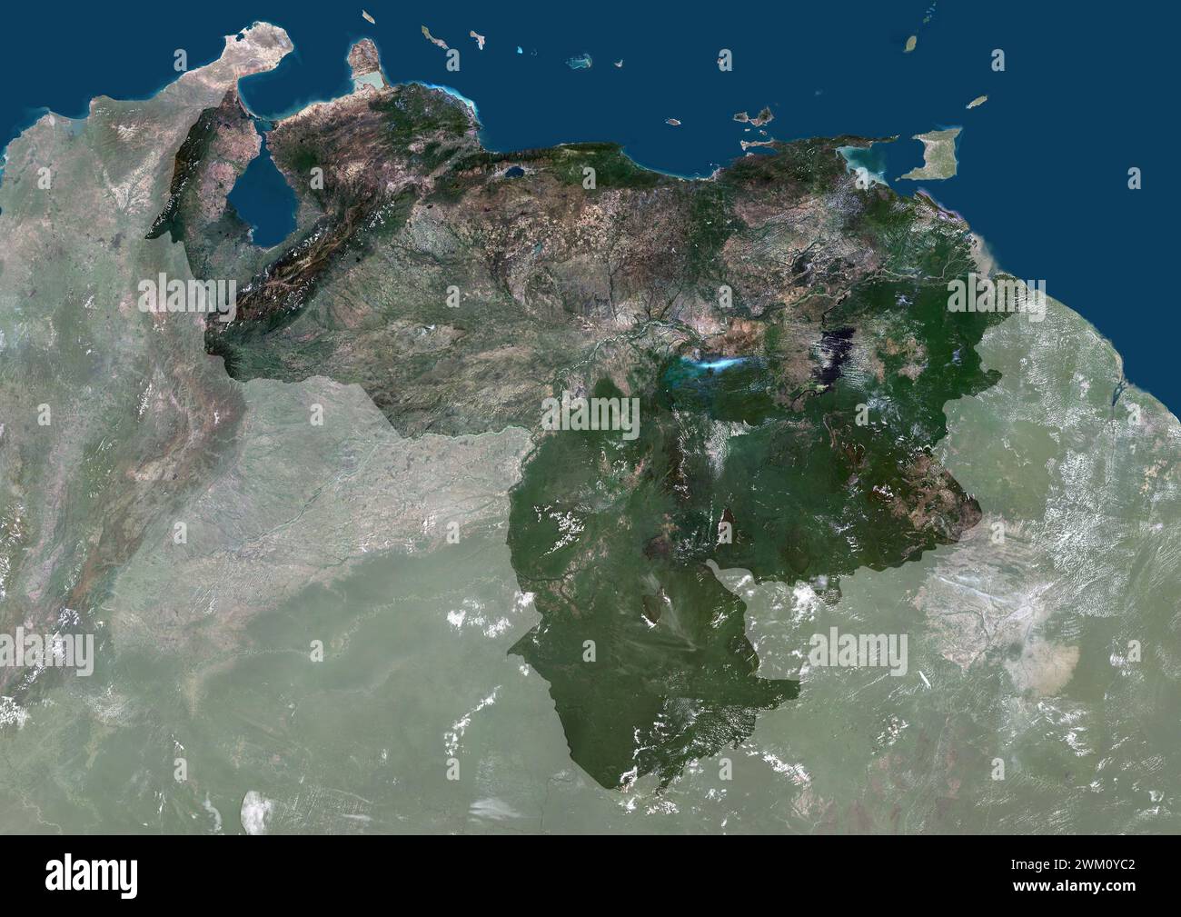 Imagen satelital en color de Venezuela, con máscara. Foto de stock