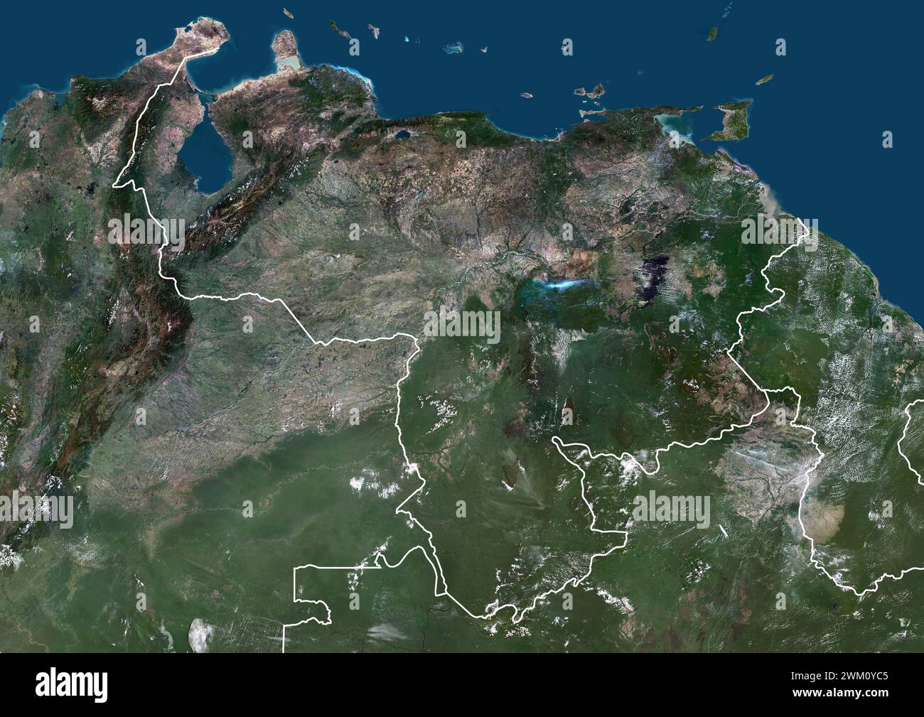 Imagen satelital en color de Venezuela y países vecinos, con fronteras. Foto de stock