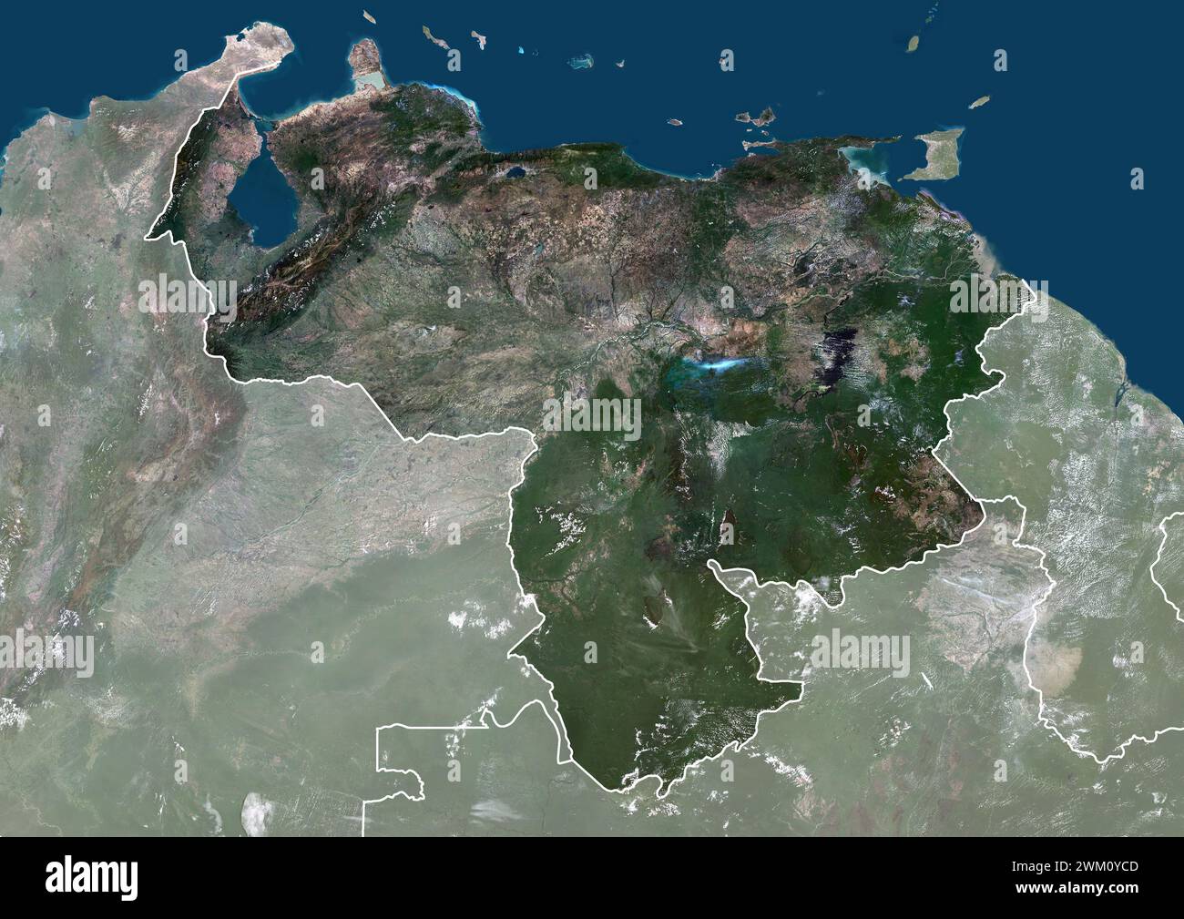 Imagen satelital en color de Venezuela, con fronteras y máscara. Foto de stock