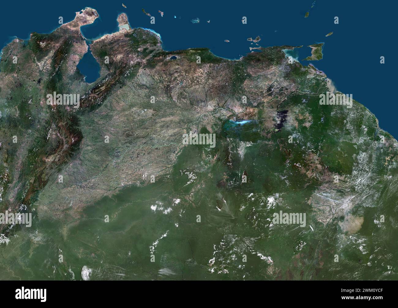 Imagen satelital en color de Venezuela y países vecinos. Foto de stock