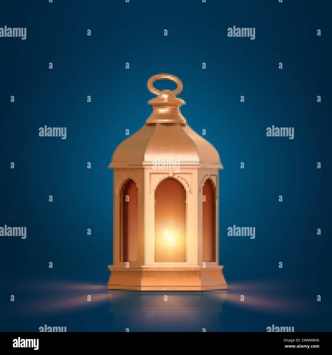 Ilustración 3d de fanoos, fanous, o árabe Ramadan linterna en diseño de textura de metal dorado. Objeto religioso aislado sobre fondo azul oscuro. Ilustración del Vector