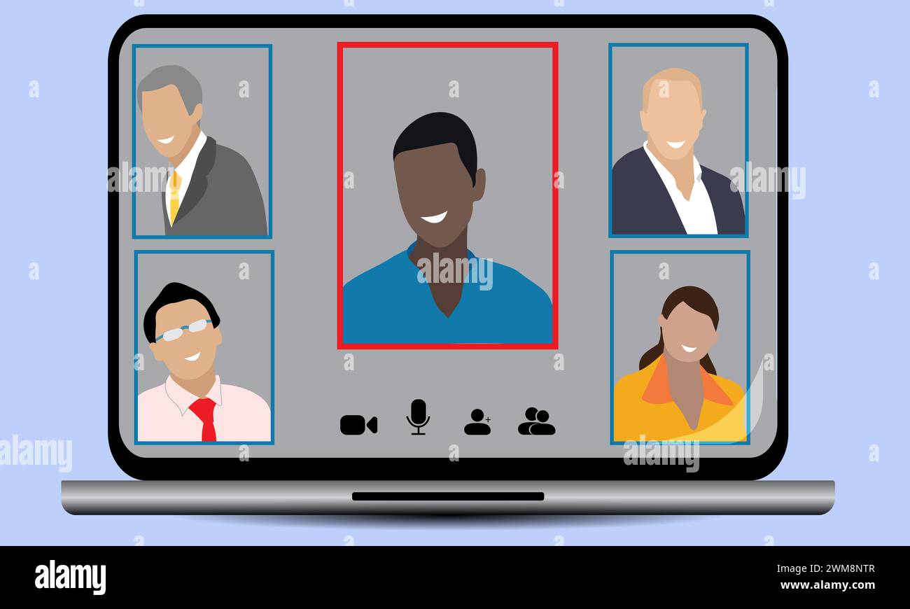 Pantalla del ordenador portátil que muestra a la gente de negocios en una llamada de teleconferencia juntos, la gente de oficina que trabaja remotamente tienen una reunión de video conferencia, llamada VOIP Ilustración del Vector