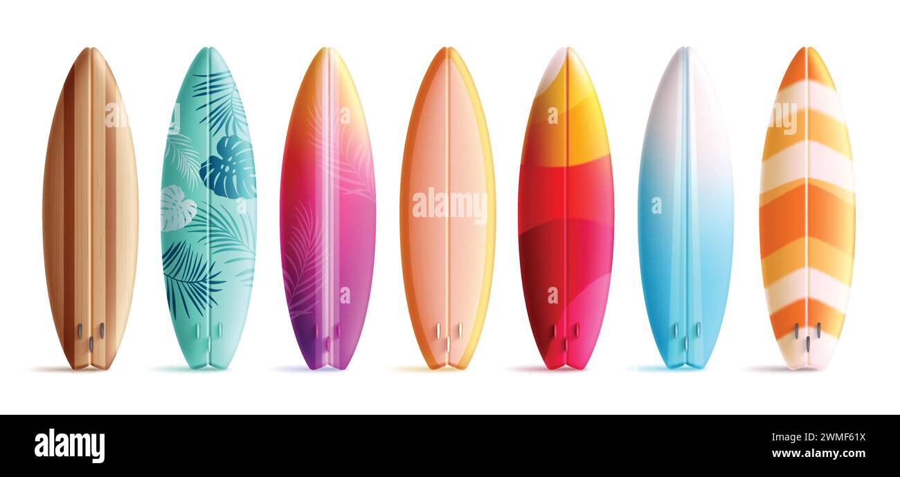 Elementos de tabla de surf de verano vector conjunto de diseño. Tabla de surf de verano 3d elemento realista colección colorida para la actividad deportiva acuática aislada en blanco Ilustración del Vector