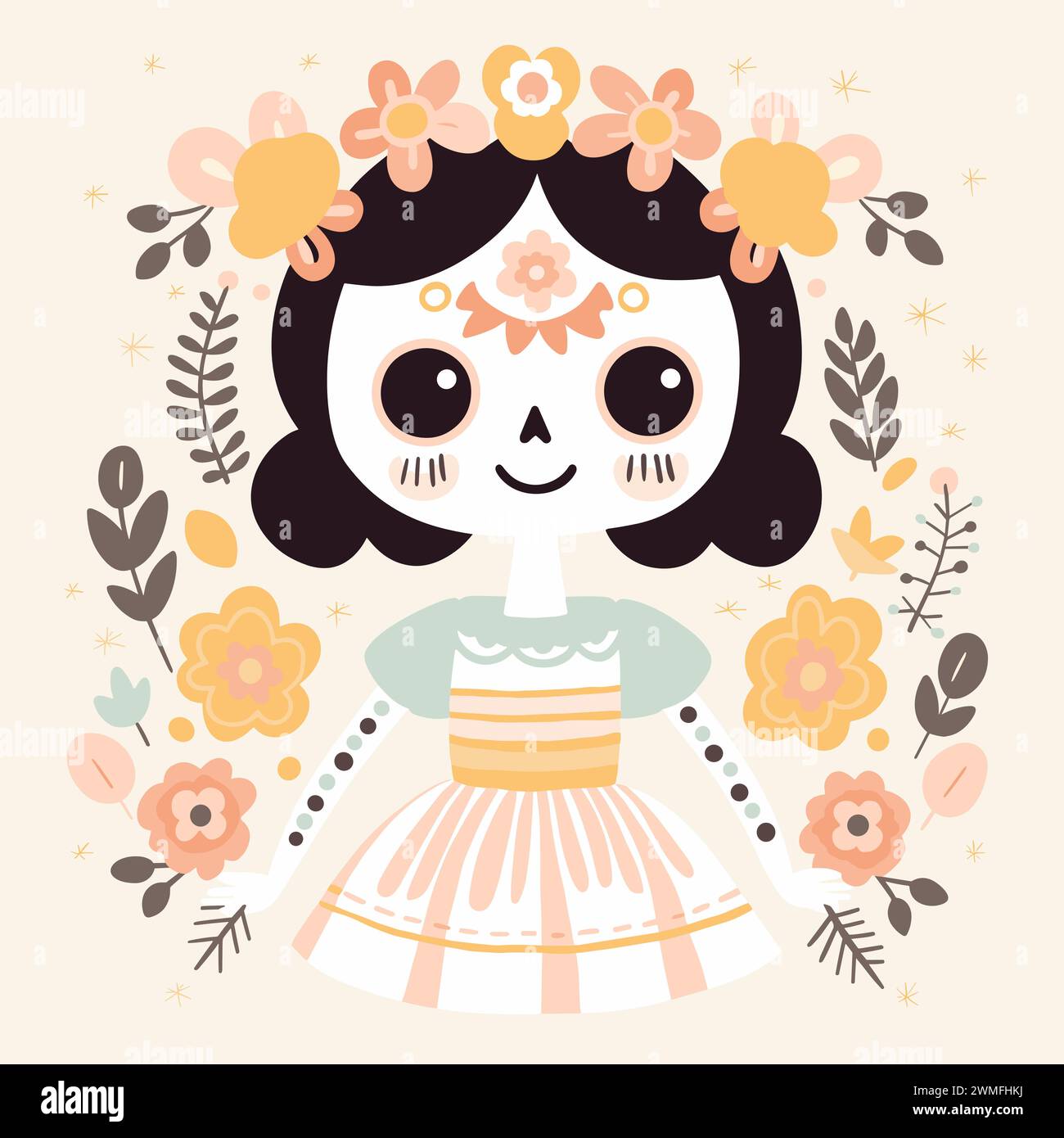 Joven linda chica celebra el Día de los Muertos. Día de los muertos. Fiesta  mexicana. Gráficos vectoriales en colores pastel. con flores y florales  Imagen Vector de stock - Alamy