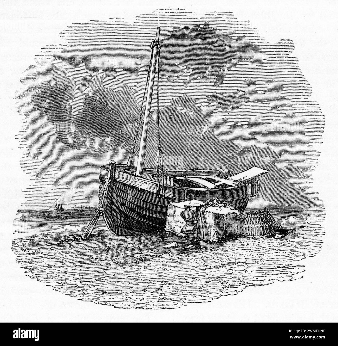 grabado genérico de un barco de pesca en tierra Foto de stock