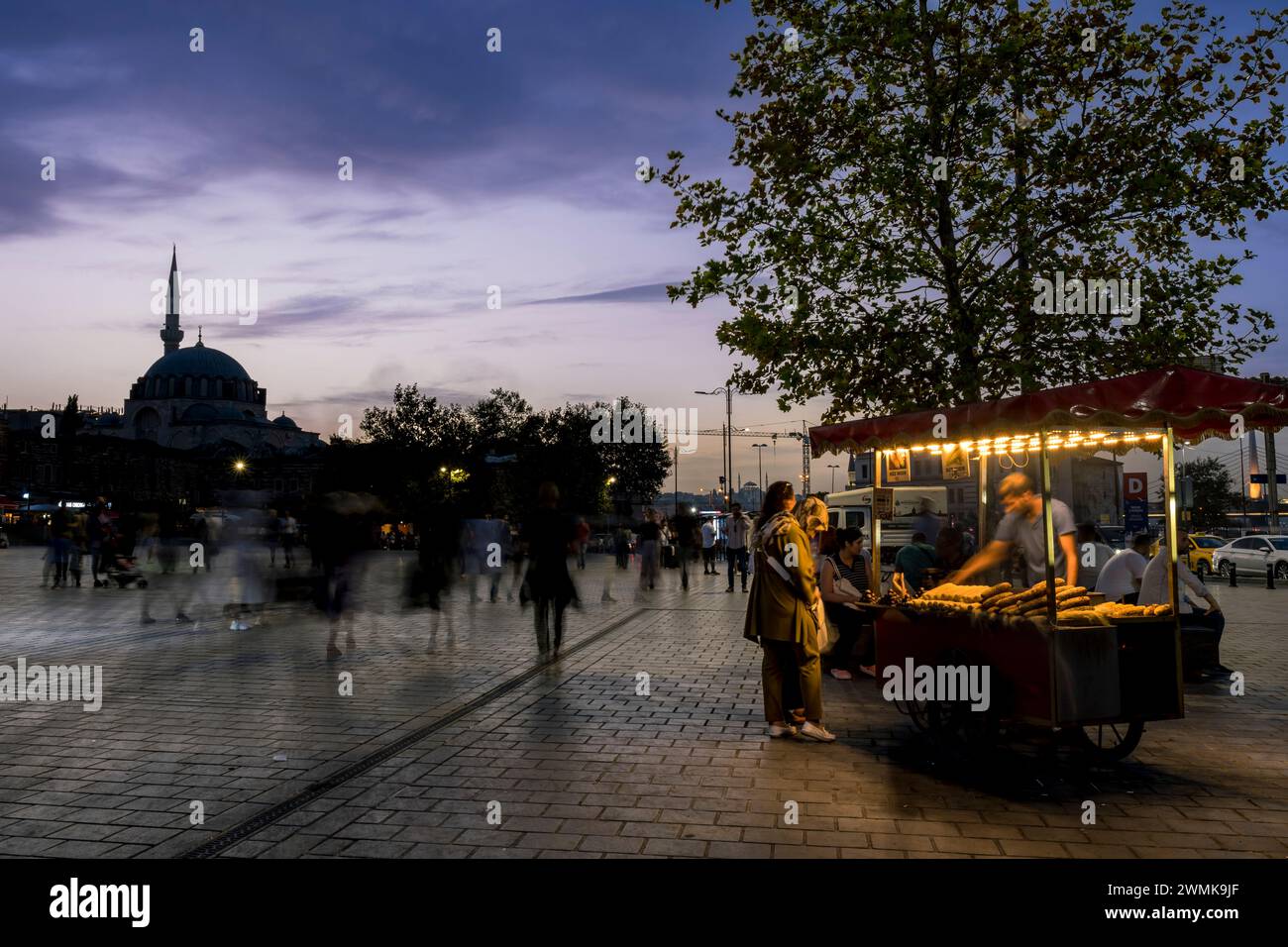 Silueta de la mezquita de Suleymaniye y vendedor de la calle del maíz en la plaza Eminonu, Estambul, Turquía © Dosfotos/Axiom Foto de stock