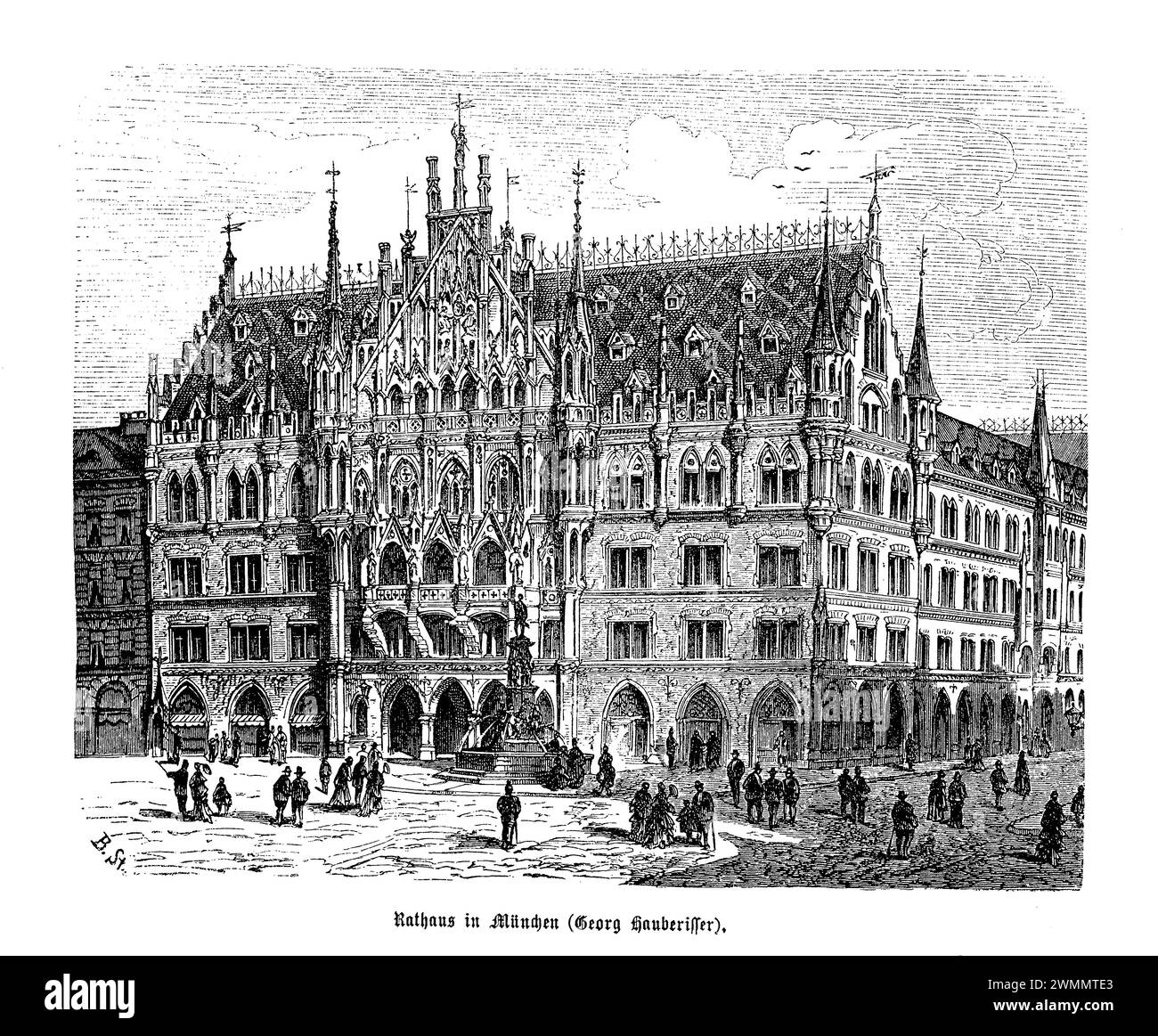 El nuevo ayuntamiento (Neues Rathaus) de Munich, una obra maestra de la arquitectura gótica del renacimiento, fue diseñado por el arquitecto Georg von Hauberisser. Antes de la ampliación de 1898, el edificio ya era un testimonio de la ambición y grandeza arquitectónica de Munich. Completado en su fase inicial en 1874, el nuevo ayuntamiento fue un punto focal de orgullo cívico, mostrando fachadas intrincadas adornadas con estatuas, gárgolas y agujas que llegan hacia el cielo, encarnando la rica historia de la ciudad y la identidad cultural. Foto de stock