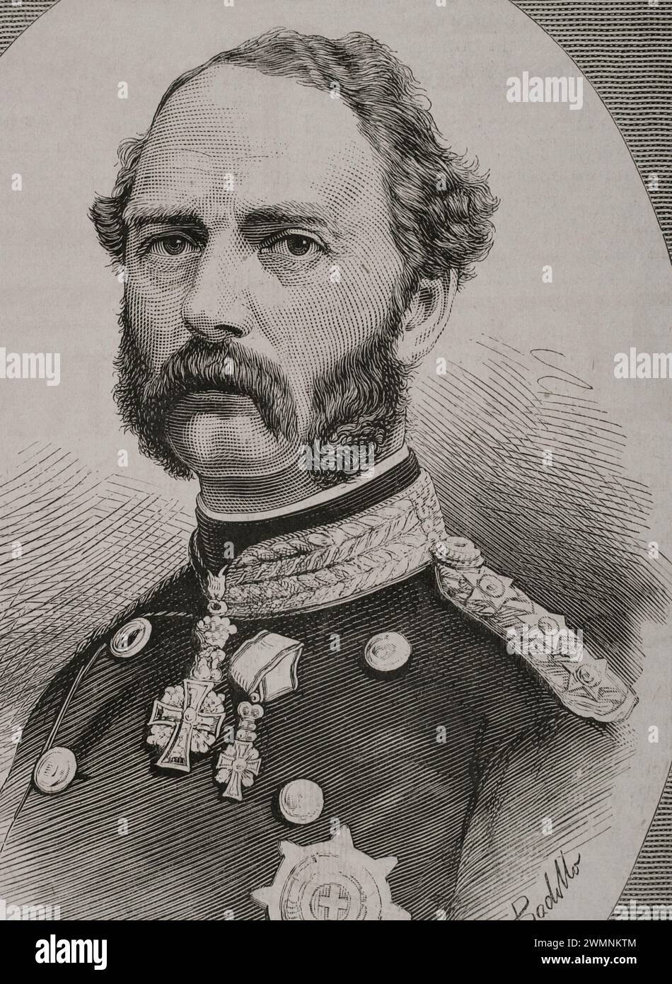 Cristiano IX (1818-1906). Rey de Dinamarca (1863-1906). Retrato. Dibujo de Badillo. Grabado. La Ilustración Española y Americana, 1878. Foto de stock