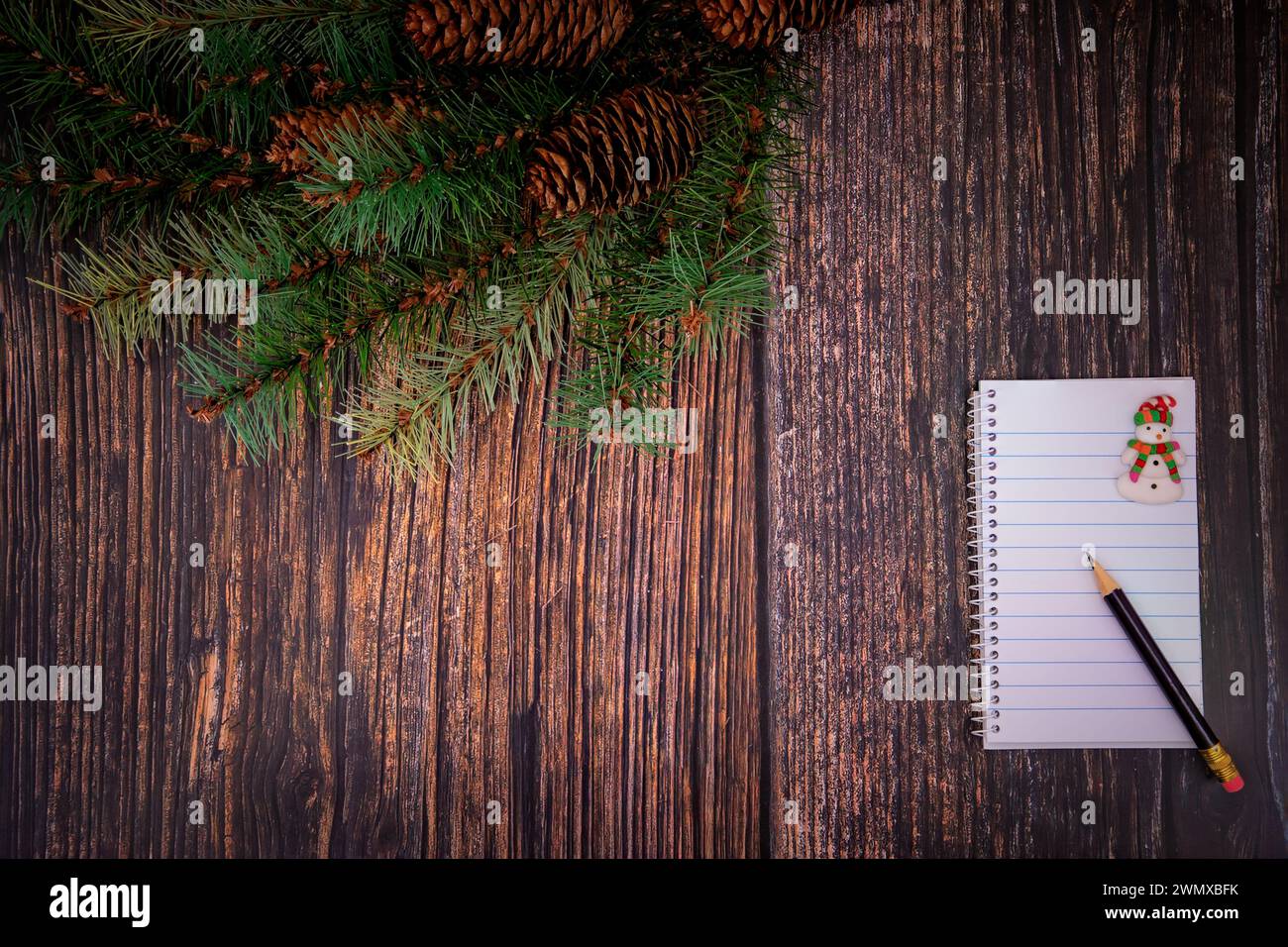 Fondo de Navidad con una rama de abeto, cuaderno y sombrero de santa claus Foto de stock