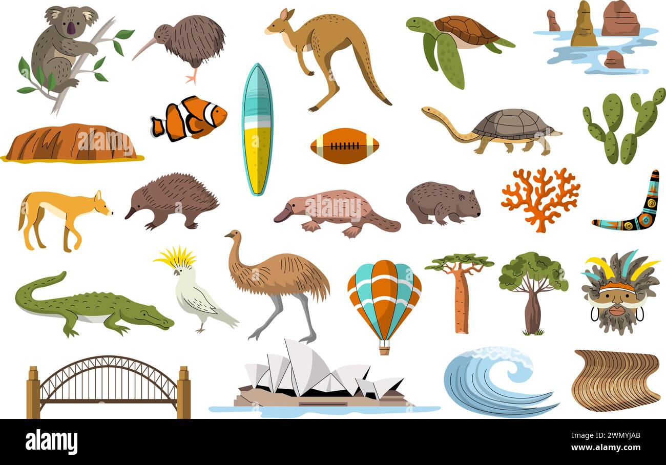Australia Ilustraciones. Colección de artículos nativos canguro bumerang bandera recientes imágenes vectoriales de australia Ilustración del Vector
