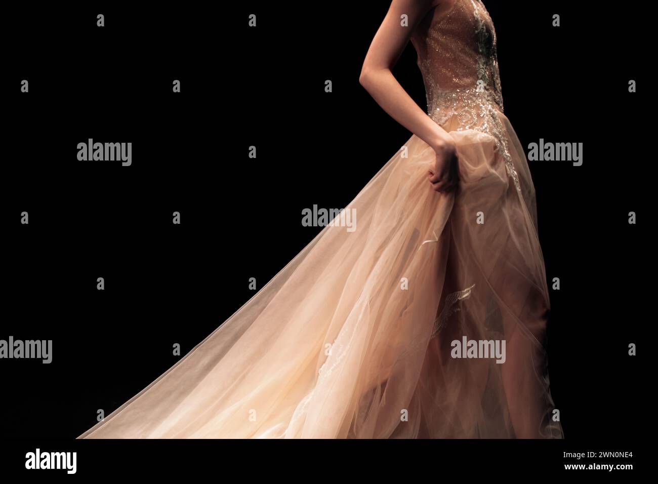 Detalles de la moda de la noche larga beige elegante vestido exuberante en una figura femenina sobre un fondo negro. Moda femenina ropa elegante Foto de stock