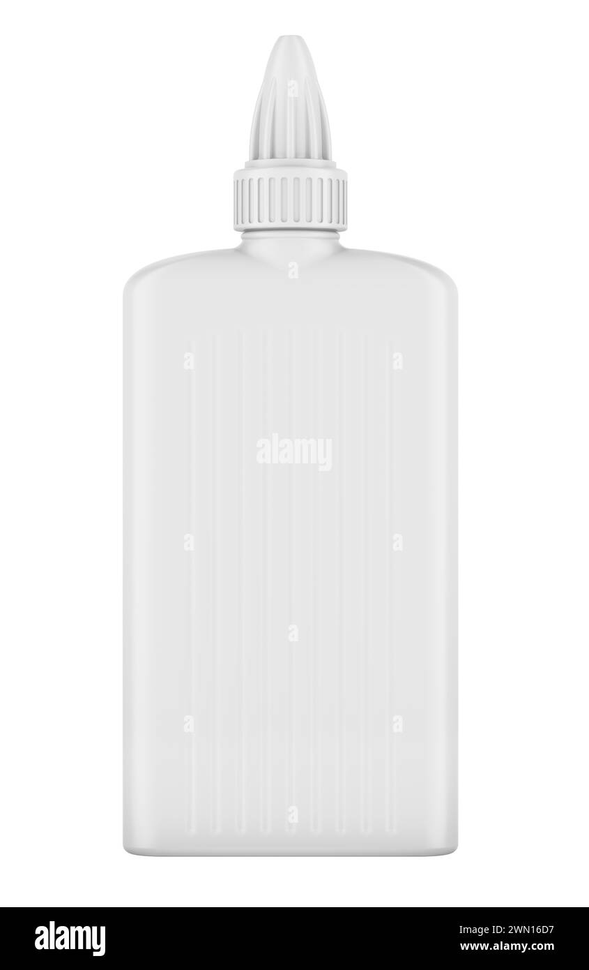 Botella de pegamento blanco de oficina. Pegamento de escuela lavable, representación 3D aislado sobre fondo blanco Foto de stock