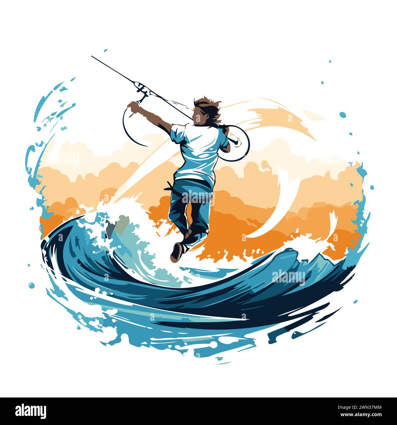 Kitesurfer en la ola. Deporte acuático ilustración vectorial. Ilustración del Vector