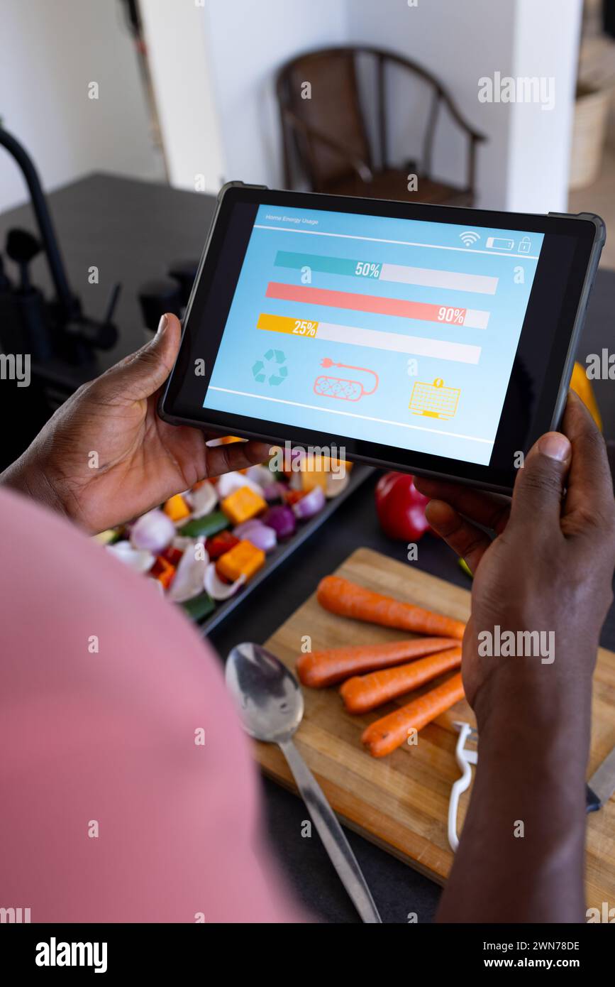 El hombre afroamericano utiliza una tableta que muestra una aplicación de casa inteligente en una cocina con verduras Foto de stock
