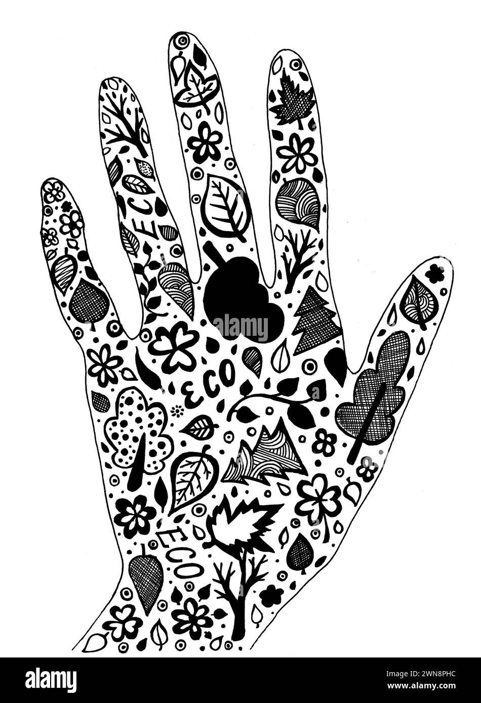 Silueta de palma de mano con símbolos ambientales. Doodle. Color negro. Aislado sobre fondo blanco. La mano tiene contorno negro. Lleno de varios Foto de stock