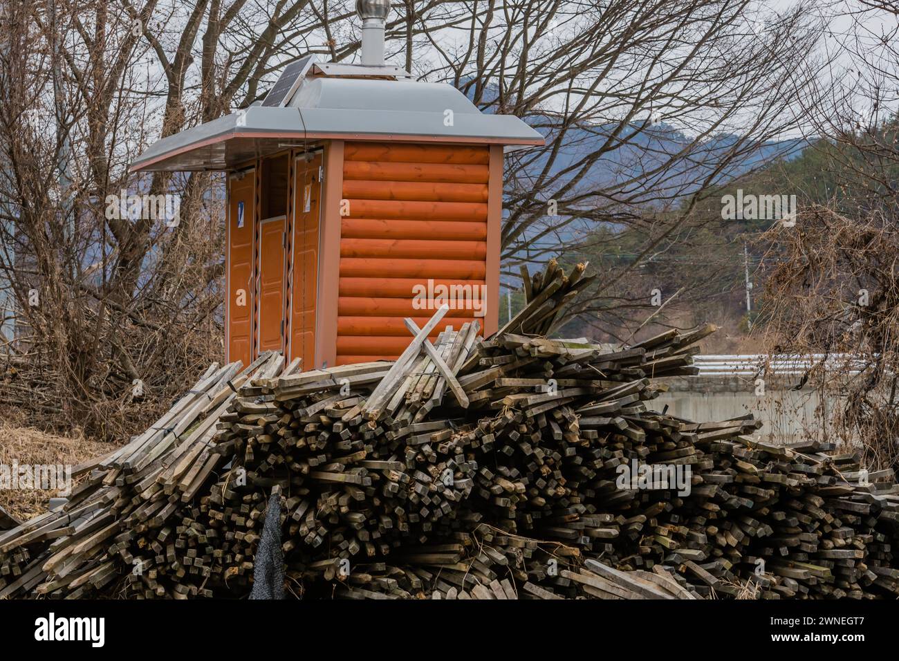 Pila de estacas de madera utilizadas en la agricultura de ginseng apiladas junto al baño público de madera roja en el área silvestre en el frío día de invierno en Corea del Sur Foto de stock