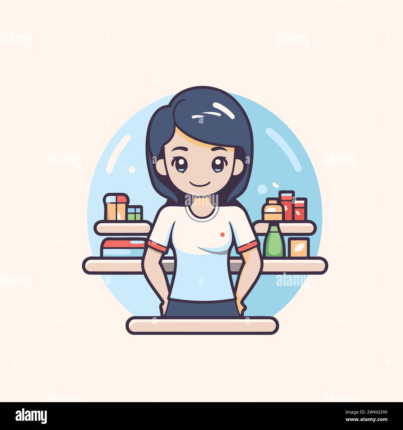Ilustración de una mujer de pie frente a un estante lleno de productos Ilustración del Vector