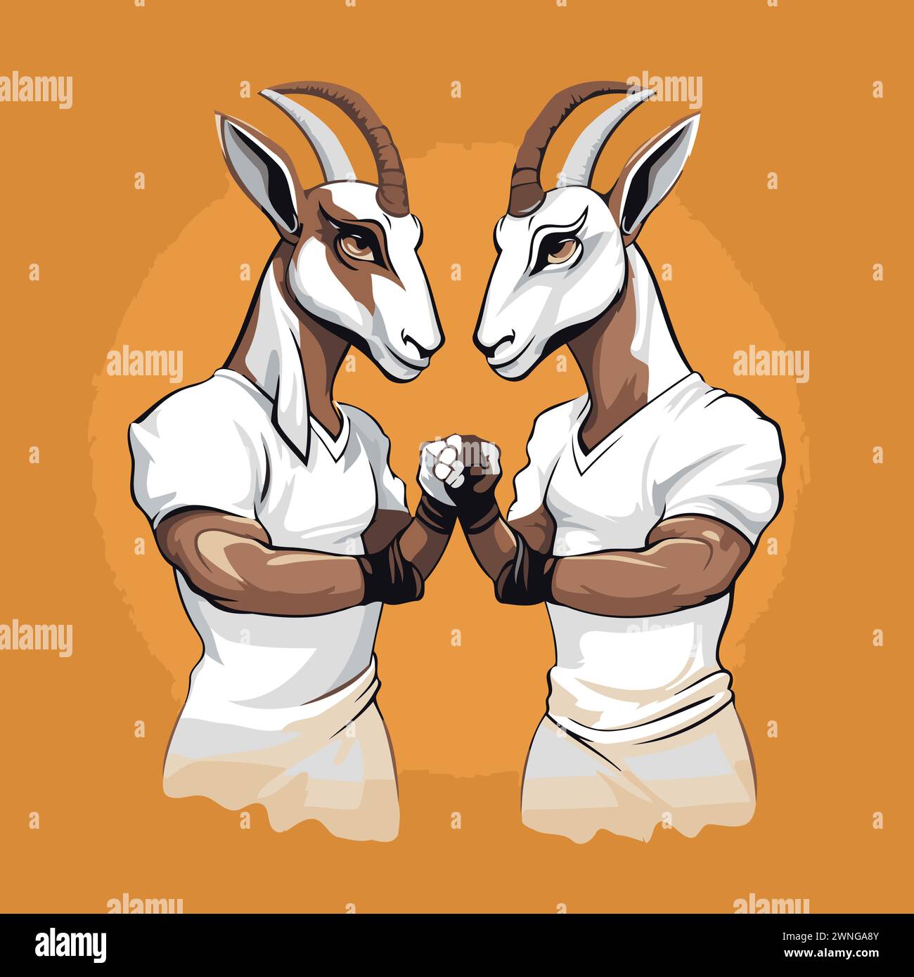 Dos cabras en una camiseta blanca sobre un fondo naranja. Ilustración del Vector