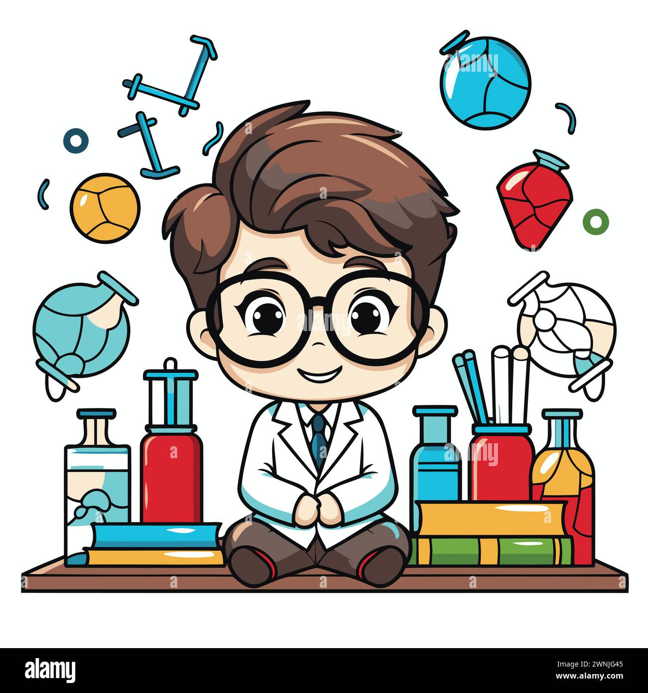 Lindo niño vestido como un científico sentado en un estante lleno de suministros de ciencia Ilustración del Vector