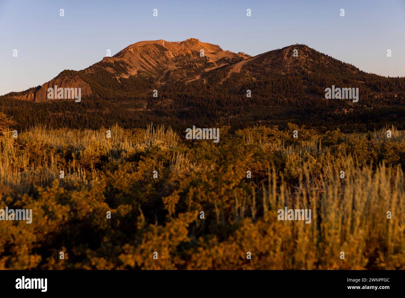 Las Sierras Orientales brillan en el calor de un amanecer de verano en Mammoth Lakes, CA. Foto de stock