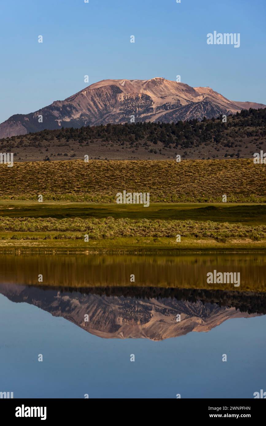 Las montañas Sherwin y la montaña Mammoth brillan en el cálido reflejo de un pequeño lago. Foto de stock
