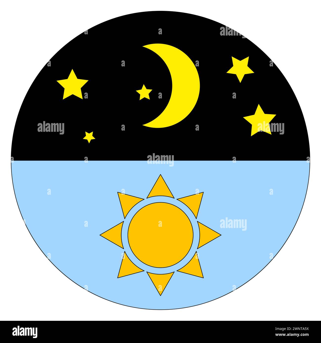 Día y noche creación. Sol, luna, estrellas en el cielo. Ciclo celestial. Ilustración vectorial. EPS 10. Imagen de archivo. Ilustración del Vector