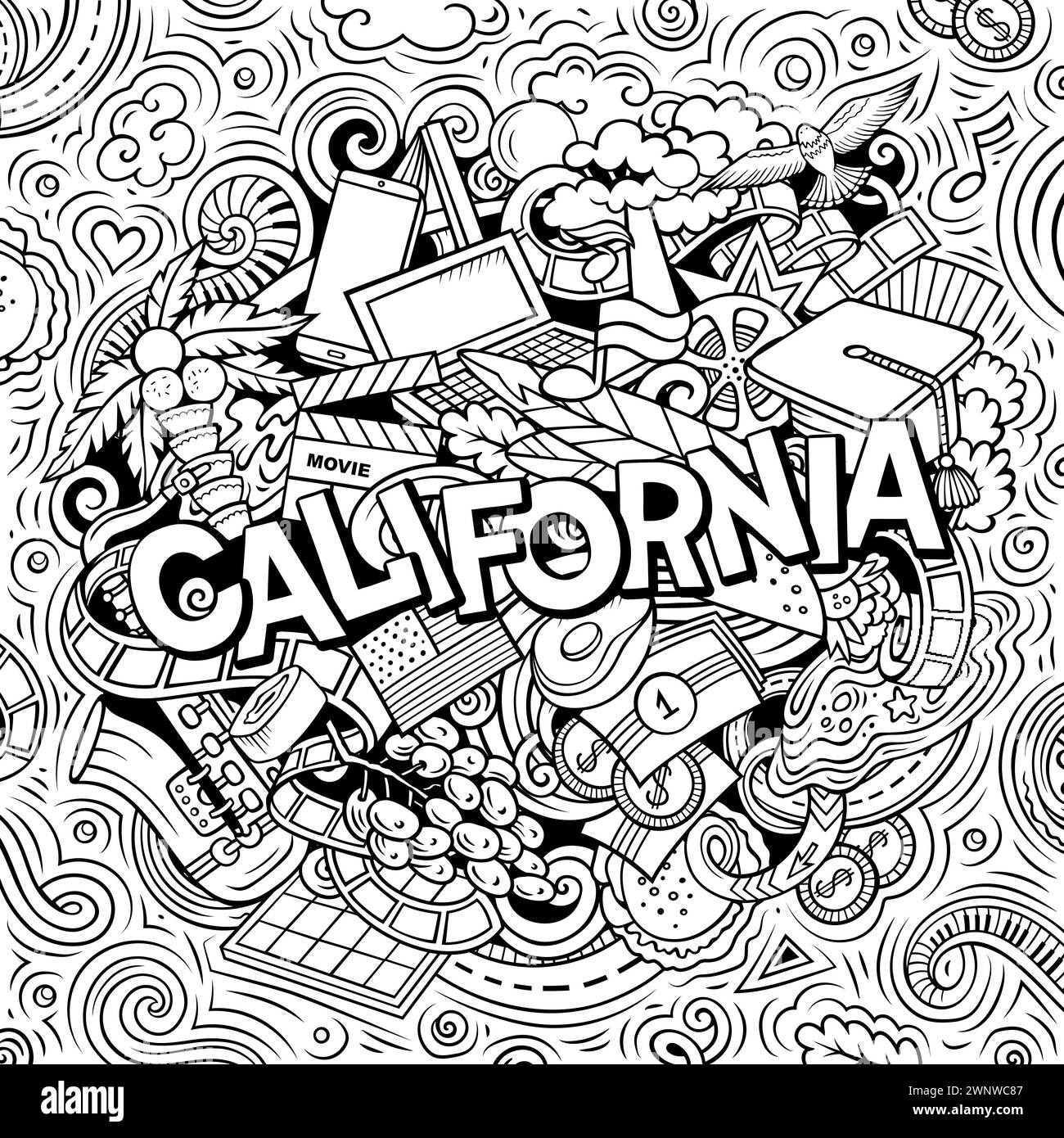 California dibujado a mano ilustración de doodle de dibujos animados. Divertido EE.UU. Diseño de estado. Arte creativo vector de fondo. Texto manuscrito con elementos y objetos. Ilustración del Vector