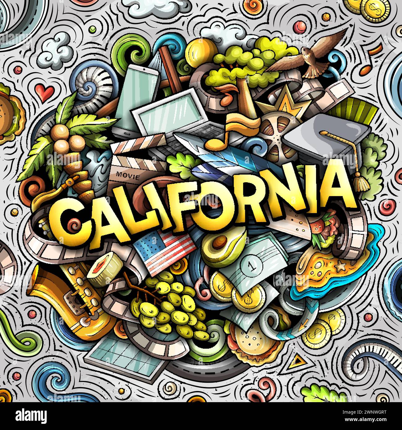 California dibujado a mano ilustración de doodle de dibujos animados. Divertido EE.UU. Diseño de estado. Arte creativo vector de fondo. Texto manuscrito con elementos y objetos. Ilustración del Vector