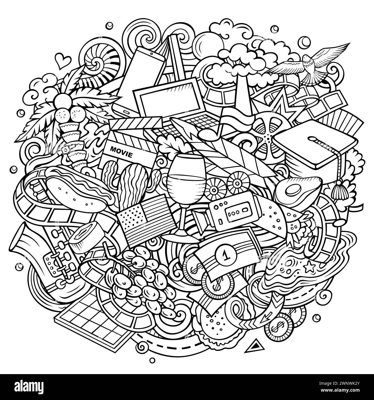 California dibujado a mano ilustración de doodle de dibujos animados. Divertido EE.UU. Diseño de estado. Arte creativo vector de fondo. Composición de arte de línea Ilustración del Vector