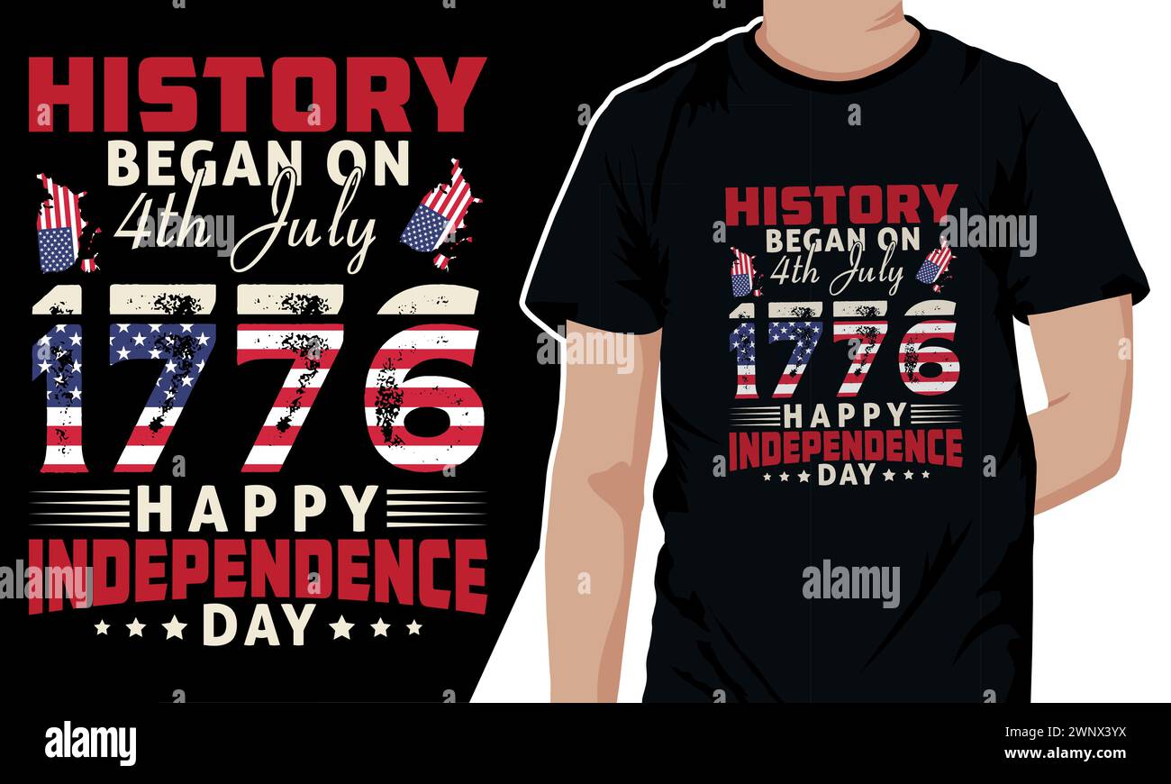 'La historia comenzó el 4 de julio de 1776' EE.UU. 4 de julio Día de la Independencia Americana diseño de camiseta. Ilustración del Vector