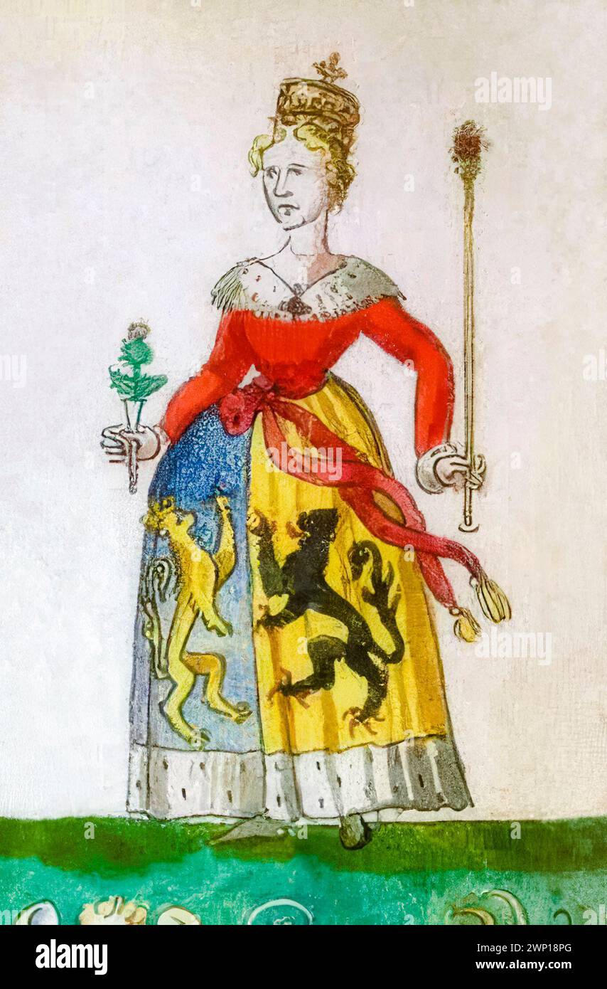 María de Guelders (circa 1434/1435-1463) Reina consorte de Escocia 1449-1460 por matrimonio con el rey Jacobo II y la reina regente de Escocia de 1460-1463, pintura de retrato manuscrito iluminado, circa 1562 Foto de stock