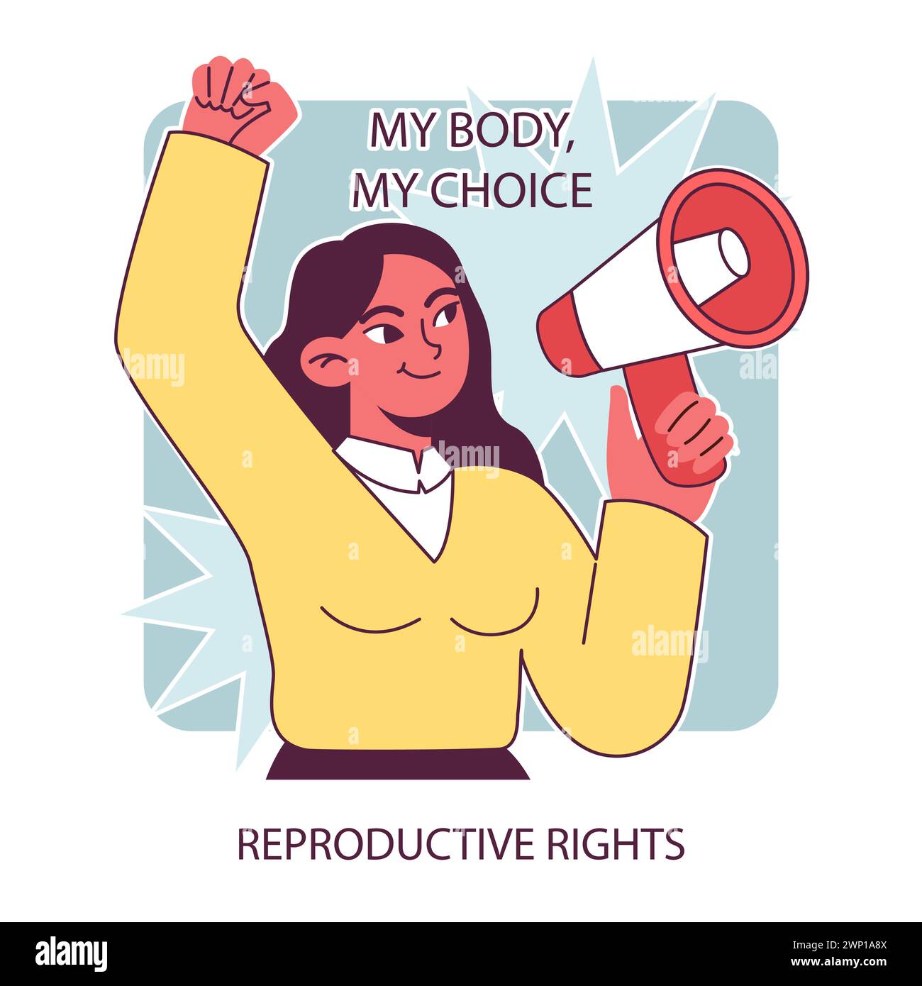 Derechos reproductivos. La mujer resuelta empoderada anuncia la importancia de los derechos reproductivos con un megáfono, expresando Mi cuerpo, Mi elección. Autonomía corporal. Ilustración vectorial plana. Ilustración del Vector