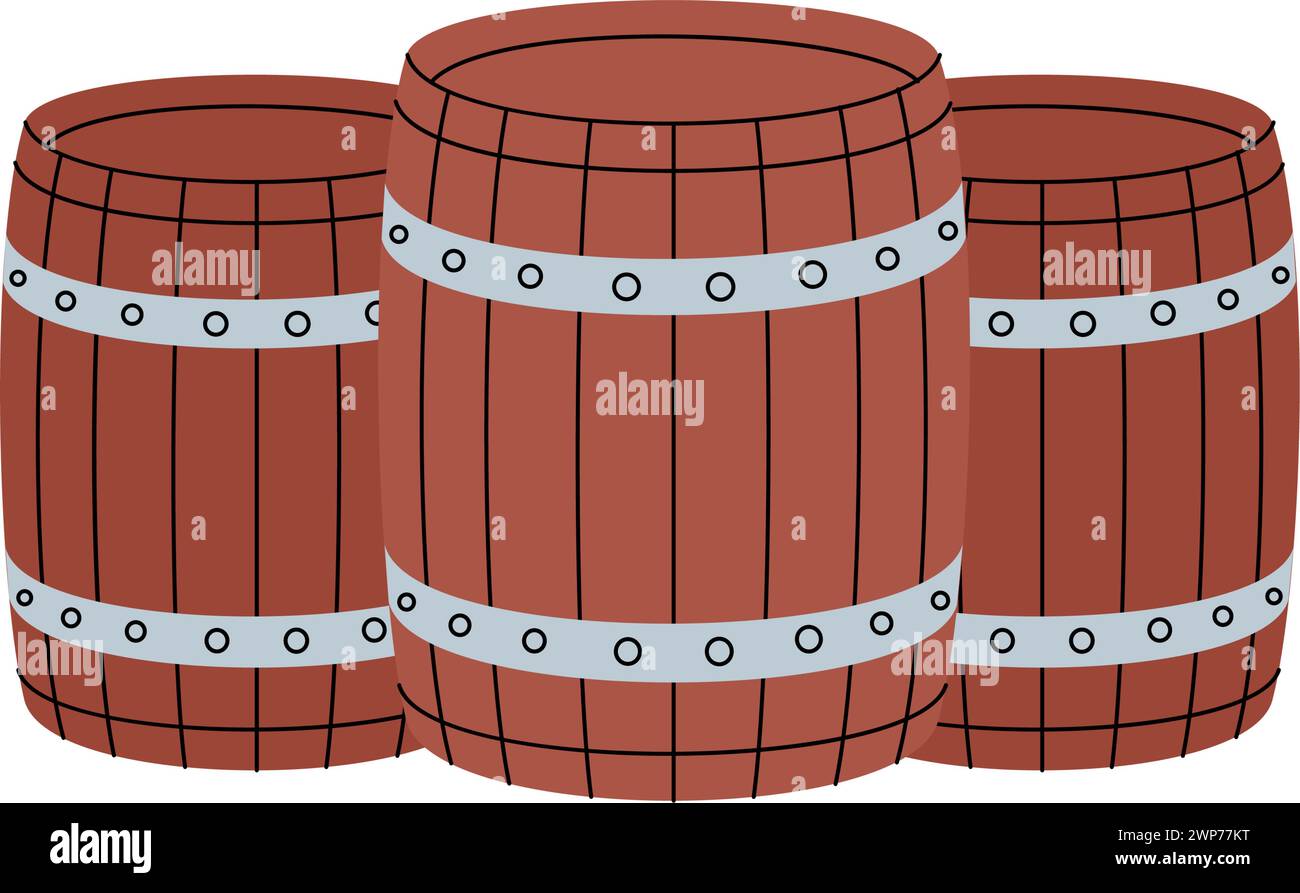 Barriles de madera. Barriles viejos. Producción de fábrica de cervecería. Ilustración vectorial. Ilustración del Vector