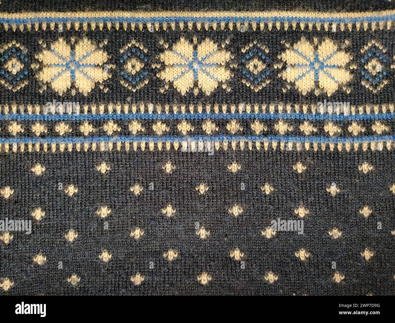 Un fragmento de un adorno en un suéter de poliéster o lana de punto. Motivos de invierno. Hilos azules para tejer a mano. Hilo blanco tejido patrón. Flujo Foto de stock