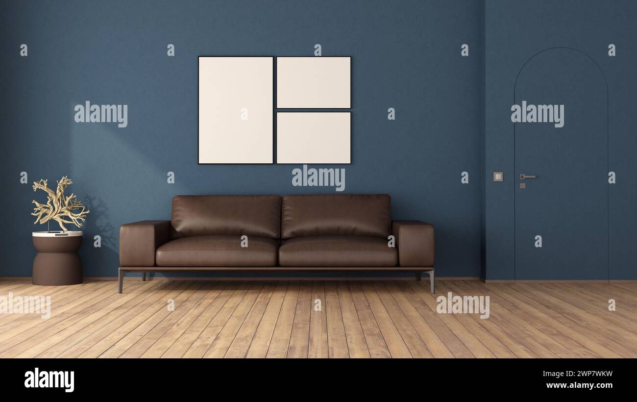 Sala de estar azul con sofá de cuero, puerta sin marco y piso de madera- representación 3D. Foto de stock