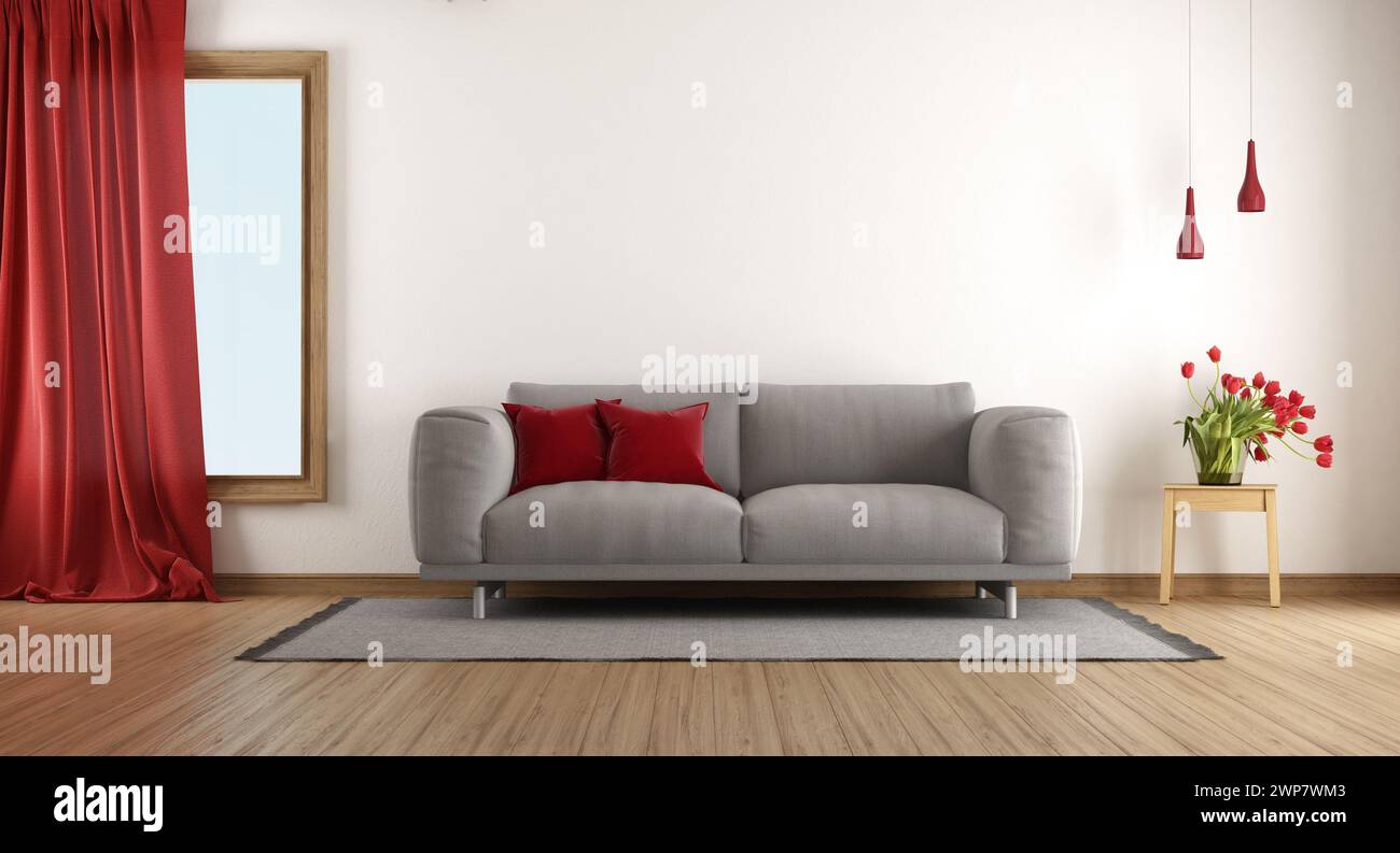 Acogedora y elegante sala de estar con sofá gris, acentos rojos y piso de madera dura- 3d renderizado Foto de stock