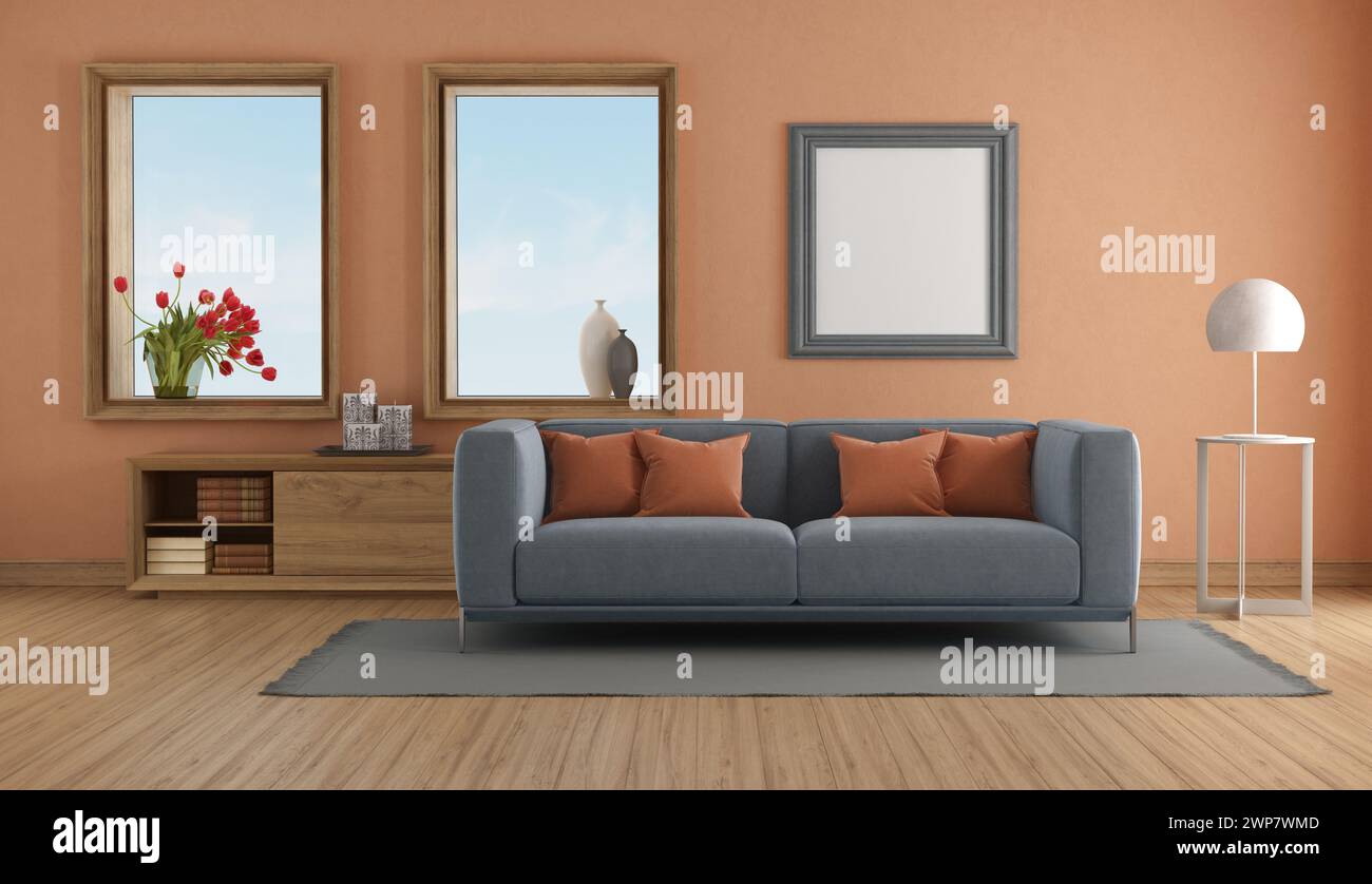 Elegante sala de estar con un cómodo sofá, arte de pared enmarcado y artículos decorativos - representación 3D. Foto de stock