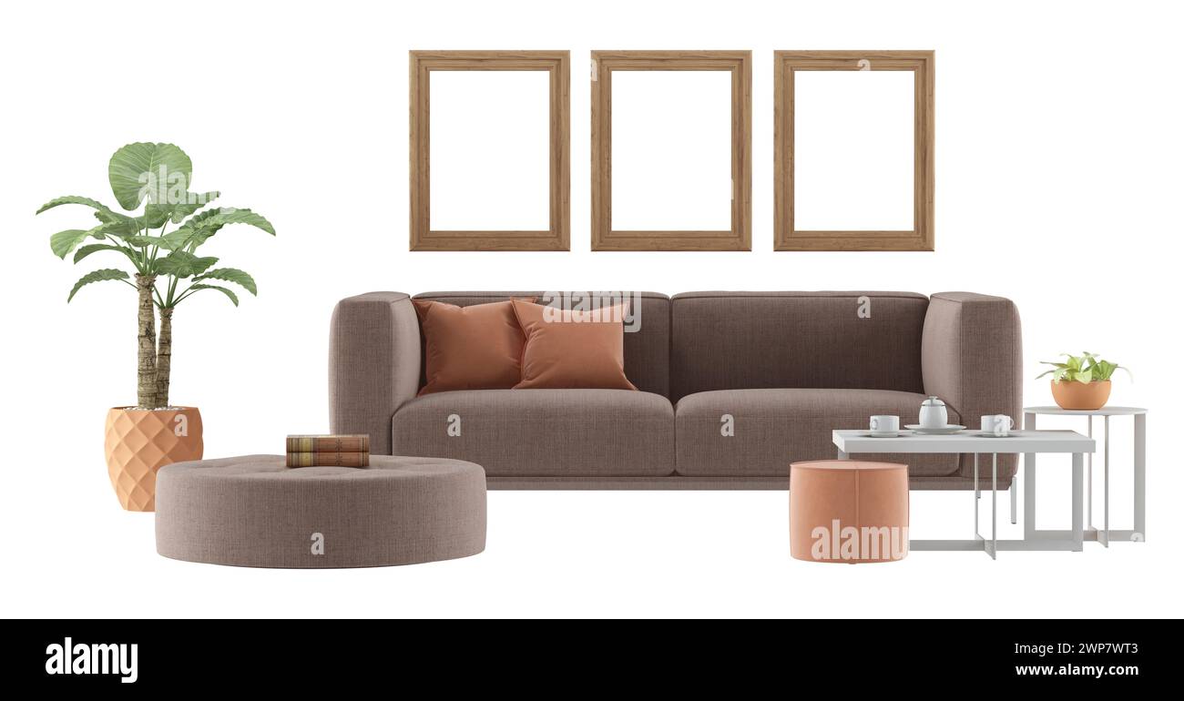 Elegante sala de estar contemporánea con un cómodo sofá, marcos decorativos y plantas de interior - representación 3D. Foto de stock