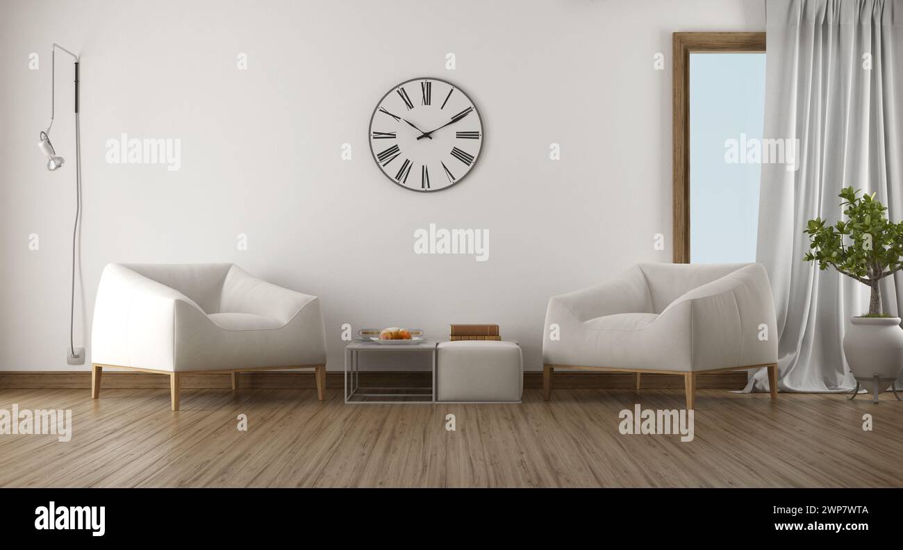 Elegante sala de estar con dos acogedores sillones blancos, un reloj de pared y luz natural - representación 3D. Foto de stock