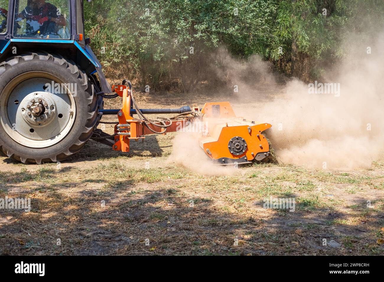 tractor con un mulcher tritura y nivela la capa superior del suelo. Trabajo agrícola. Foto de stock