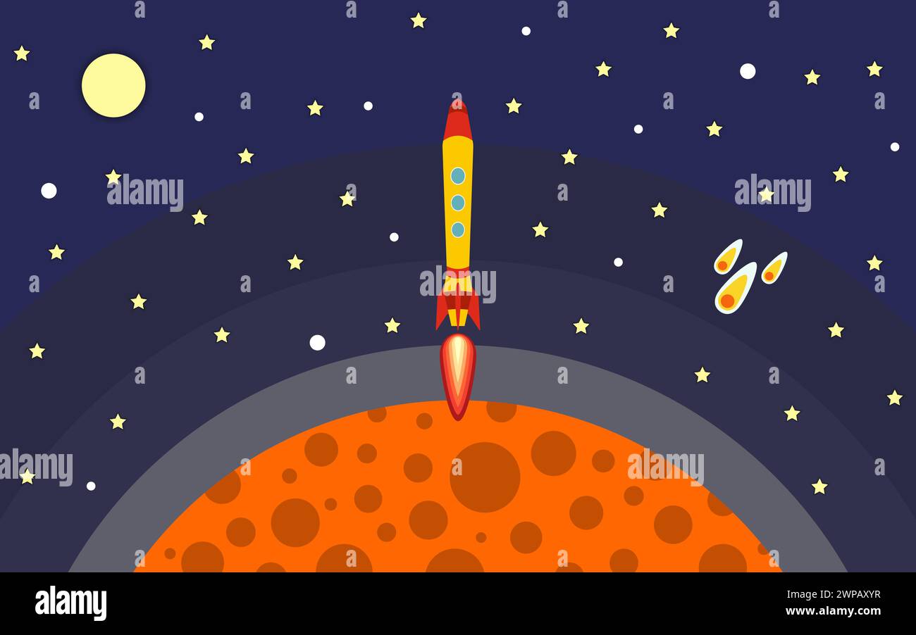 El cohete se retira del planeta. El cohete en el espacio. Viajes espaciales. Ilustración vectorial con cohete volador. Ilustración del Vector
