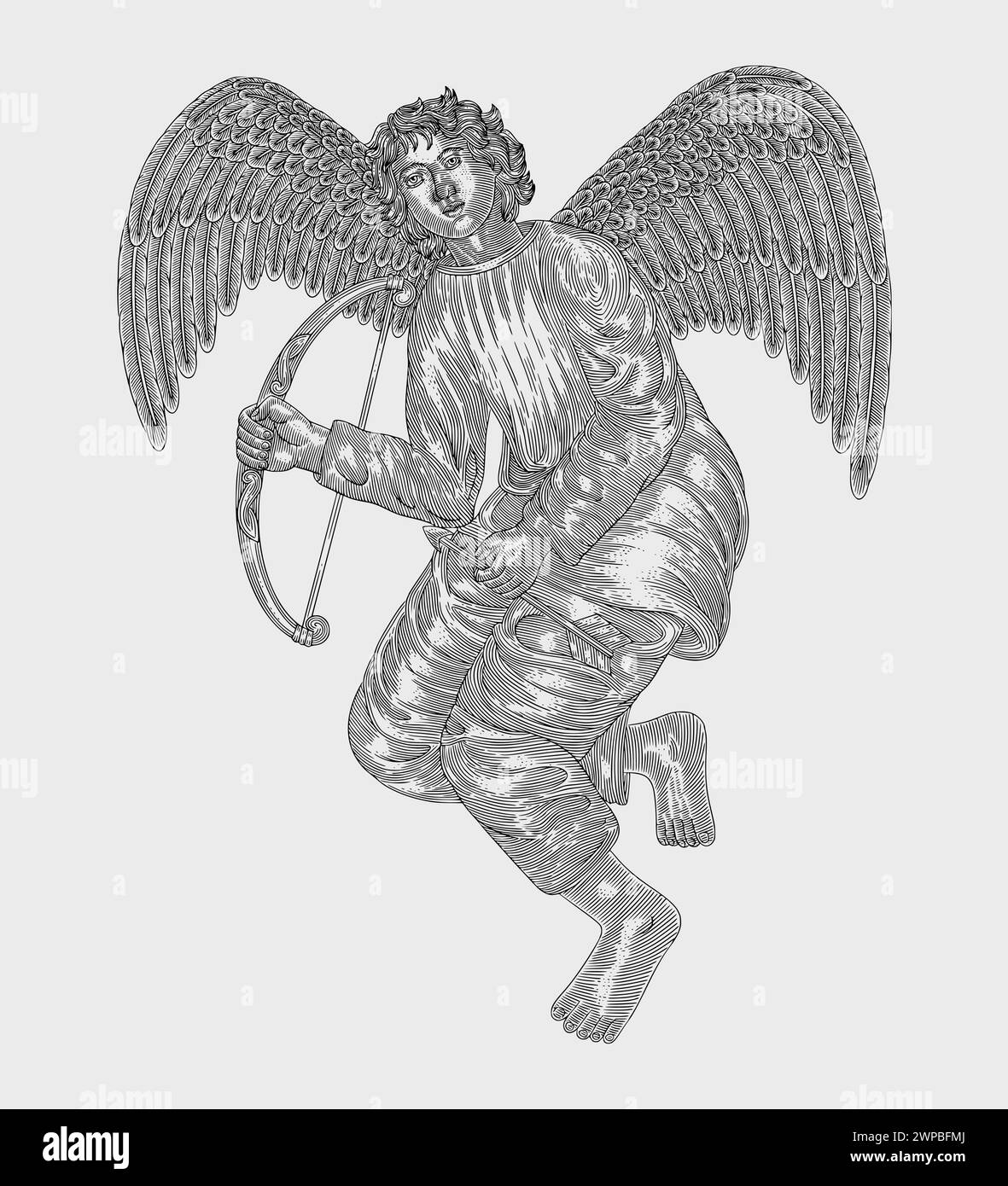 ángel con alas sosteniendo arco y flecha vintage grabado dibujo estilo ilustración Ilustración del Vector