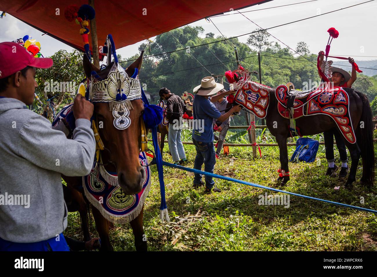 Sumedang, Java Occidental, Indonesia. 7 de marzo de 2024. Los hombres preparan un caballo bailando antes de una actuación en Tanjungsari, Sumedang Regency. Caballo Danzante, también conocido como ''Kuda Renggong'', es una de las artes escénicas tradicionales y culturales de Sumedang La palabra ''renggong'' proviene del Sundanese ''ronggeng'' o ''kamonesan'' que significa habilidad. El caballo renggong ha sido entrenado en sus habilidades para poder bailar según el acompañamiento de la música tradicional Sundanesa. (Imagen de crédito: © Algi Febri Sugita/ZUMA Press Wire) ¡SOLO USO EDITORIAL! No para USO comercial! Foto de stock