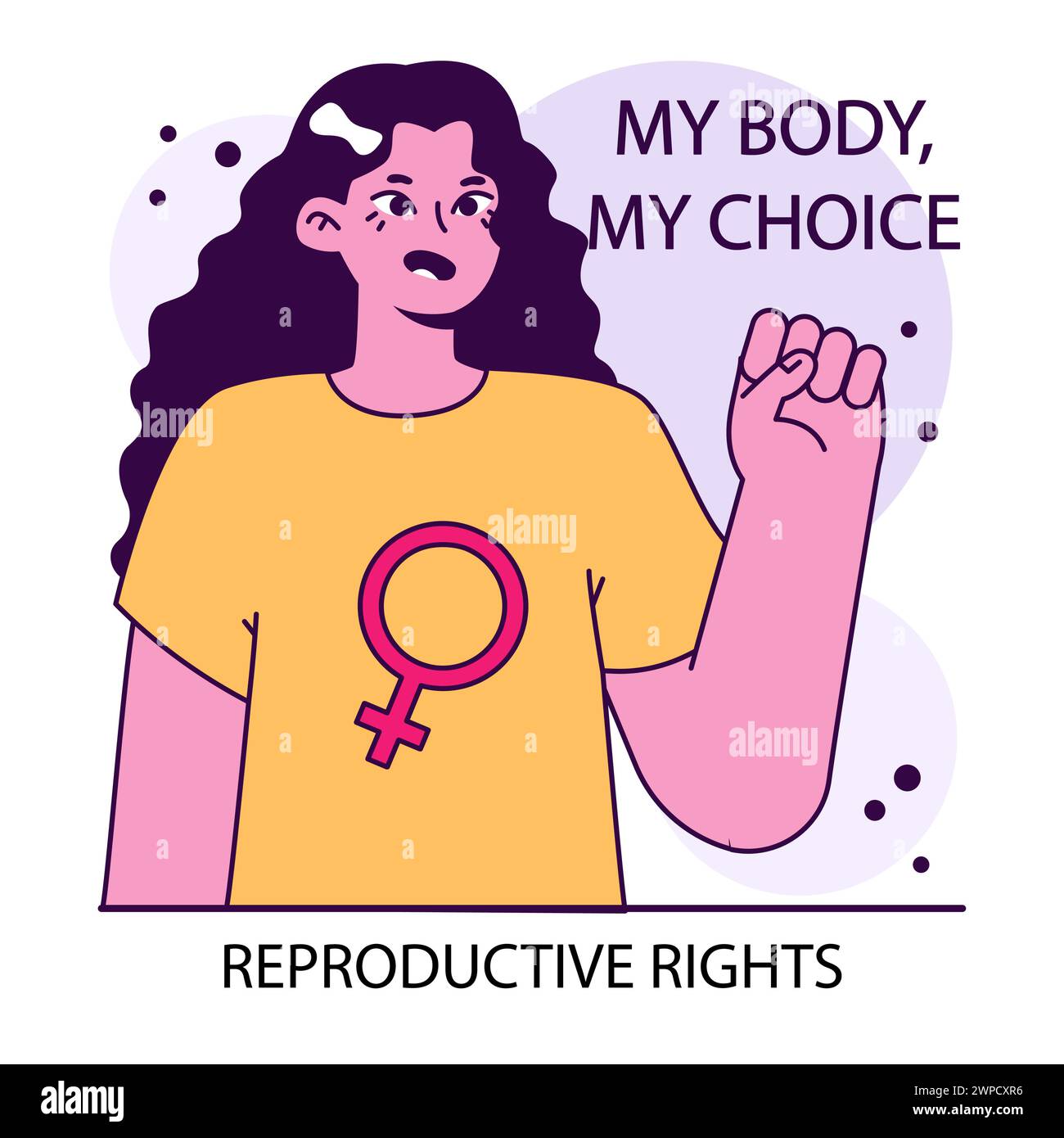Derechos reproductivos. Mujer resuelta empoderada anuncia la importancia de los derechos reproductivos expresando Mi Cuerpo, Mi Elección. Autonomía corporal. Ilustración vectorial plana. Ilustración del Vector