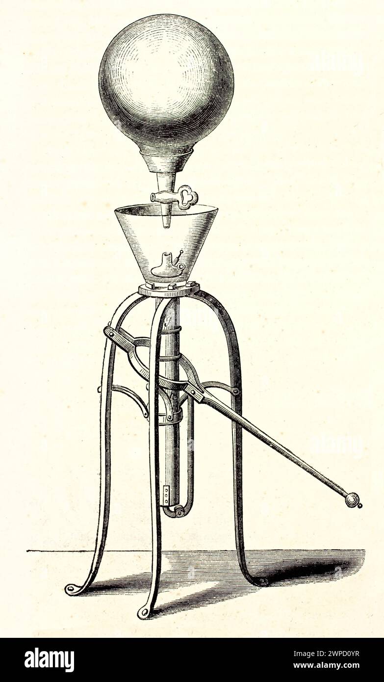 Ilustración grabada antigua de la máquina neumática. Por autor desconocido, publicado en Magasin pittoresque, París, 1852 Foto de stock