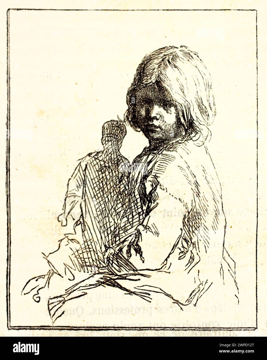 Viejo retrato grabado de una niña. Por autor desconocido, publicado en Magasin pittoresque, París, 1852 Foto de stock