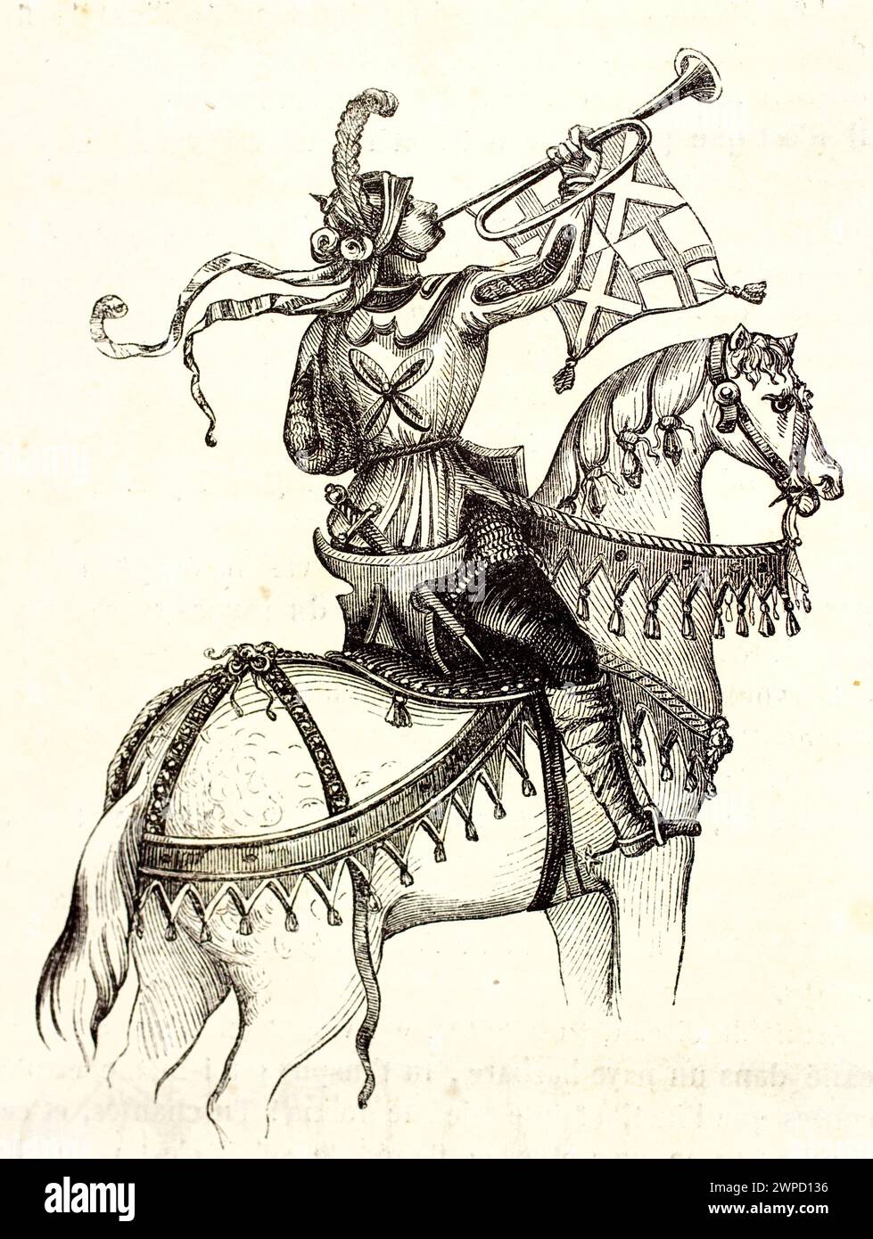 Vieja ilustración grabada de trompetista a caballo. Por autor desconocido, publicado en Magasin pittoresque, París, 1852 Foto de stock
